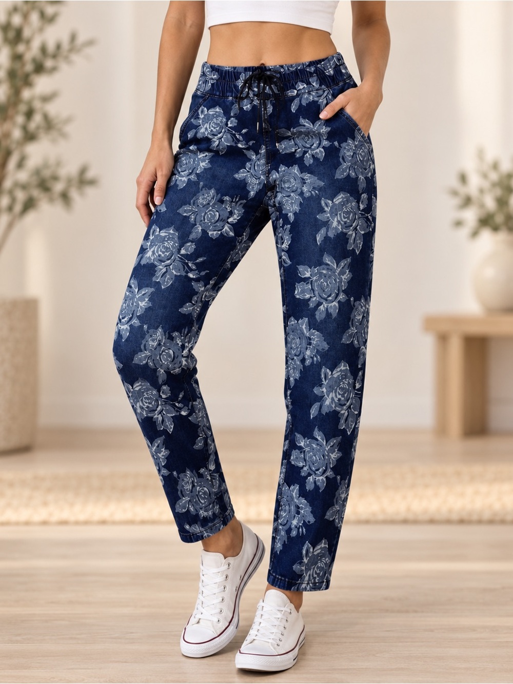 Juicy Couture Blue Denim Floral Drawstring Boyfriend Jeans size 28 NWT